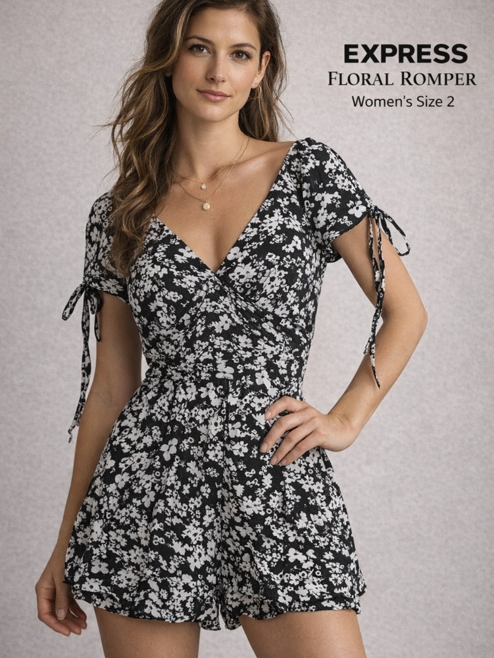 Express Womens Floral Romper Size 2 Black White V Neck Tie Sleeve Summer